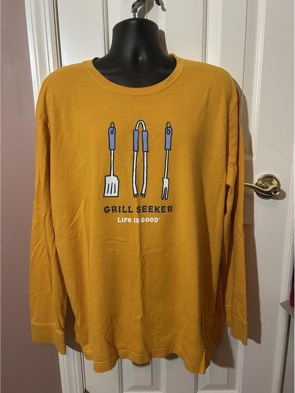Life is Good Long Sleeve Crusher Tee Mens XXL Grill Seeker Gold